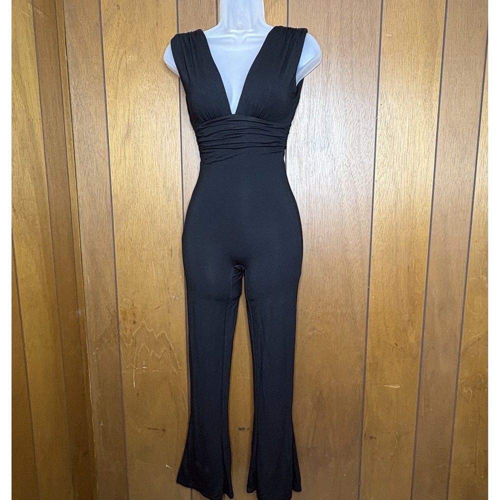 Oh Polly Jumpsuit Women US 2 Black Plunge‎ Flare Leg Bodycon Y2K Party